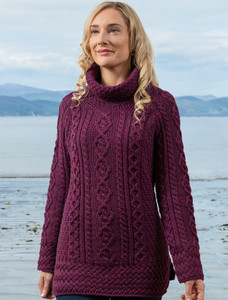 Aran Cowl Neck Tunic Sweater - Very Berry