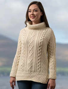 Aran Cowl Neck Tunic Sweater - Natural White