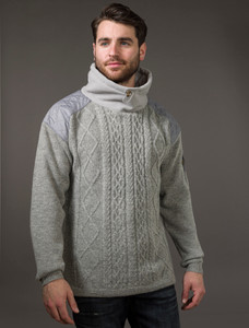 Men's Aran Diamond Draw-String Sweater - Grey