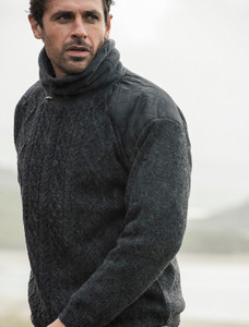 Men's Aran Diamond Draw-String Sweater - Charcoal