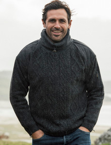 Men's Aran Diamond Draw-String Sweater - Charcoal