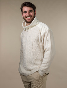 Men's Aran Diamond Draw-String Sweater - White
