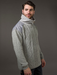 Men's Aran Diamond Draw-String Sweater - Grey