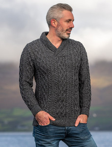 Men's Shawl Collar Aran Sweater - Charcoal