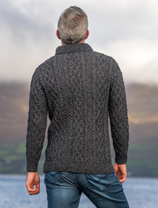 Men's Shawl Collar Aran Sweater - Charcoal