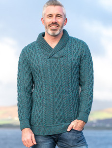 Men's Shawl Collar Aran Sweater - Peacock