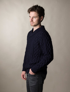 Men's Shawl Collar Aran Sweater - Navy
