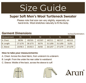 Super Soft Mens Wool Turtleneck Sweater - Size Guide