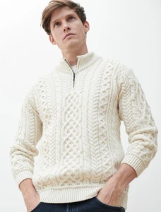 Mens Super Soft Half Zip Aran Troyer - White
