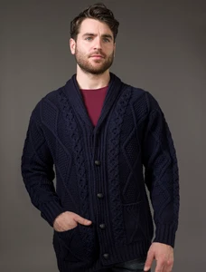 Men's Shawl Neck Cardigan - Merino Wool - Navy