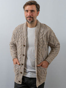Men's Shawl Neck Cardigan - Merino Wool - Oatmeal