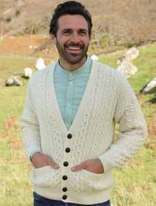 Merino Wool Aran Men's V-Neck Cardigan - Natural White