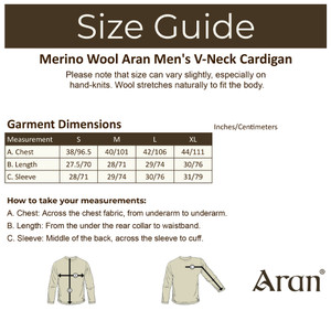 Merino Wool Aran Men's V-Neck Cardigan - Size Guide