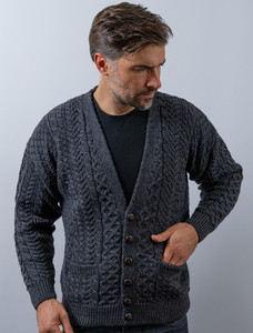 Merino Wool Aran Men's V-Neck Cardigan - Derby