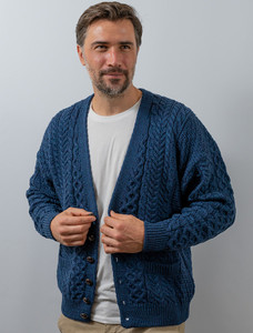 Merino Wool Aran Men's V-Neck Cardigan - Atlantic