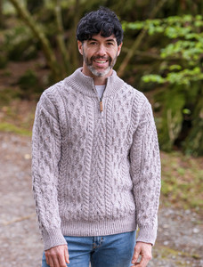 Zip-Neck Aran Sweater - Oatmeal