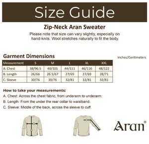 Zip-Neck Aran Sweater - Size Guide