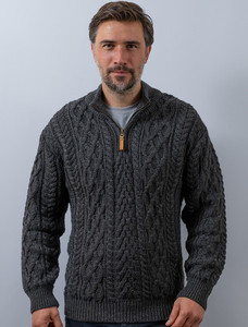 Zip-Neck Aran Sweater - Charcoal