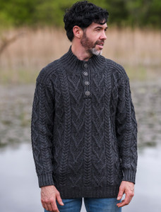 Buttoned Merino Wool Sweater - Charcoal
