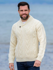 Shawl Collar Sweater - One Button Fisherman Sweater - Natural White