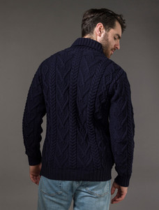 Shawl Collar Sweater - One Button Fisherman Sweater - Navy