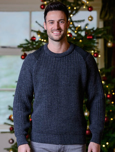 Irish Fishermans Ribbed Sweater with Patches - Charcoal (CatImage_/christmas-for-him) (CatImage_/aran-christmas-store)