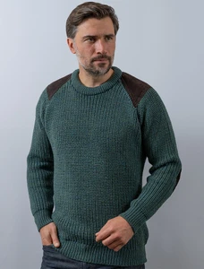 Irish Fishermans Ribbed Sweater with Patches - Moss