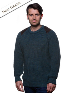 Irish Fishermans Ribbed Sweater with Patches - Moss