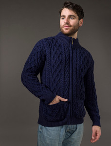 Diamond and Cable Knit Zip Cardigan with Pockets - Midnight