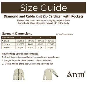 Diamond and Cable Knit Zip Cardigan with Pockets - Size Guide