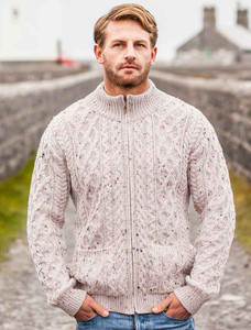 Diamond and Cable Knit Zip Cardigan with Pockets - Oatmeal