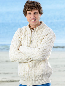 Diamond and Cable Knit Zip Cardigan with Pockets - Natural White