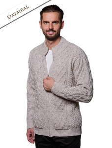 Diamond and Cable Knit Zip Cardigan with Pockets - Oatmeal