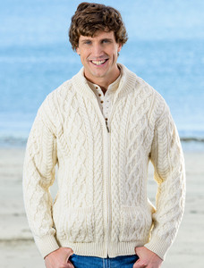 Diamond and Cable Knit Zip Cardigan with Pockets - Natural White