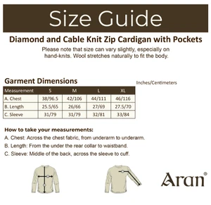 Diamond and Cable Knit Zip Cardigan with Pockets - Size Guide