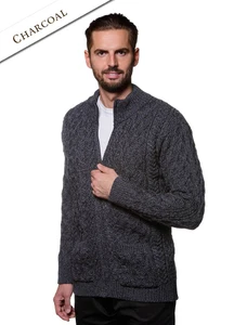 Diamond and Cable Knit Zip Cardigan with Pockets - Charcoal
