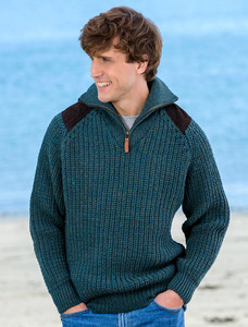 Fisherman's Half Zip Sweater with Patches - Moss
