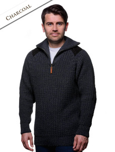 Fisherman's Half Zip Sweater with Patches - Charcoal
