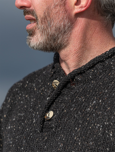 Men's Donegal Tweed 2 Button Sweater - Black - Button Detail