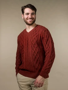 Merino V-Neck Aran Sweater - Sienna