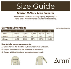 Merino V-Neck Aran Sweater - Size Guide