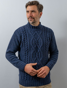 Wool Cashmere Aran Mock Turtleneck Sweater - Rich Navy