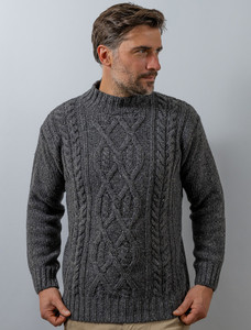 Wool Cashmere Aran Mock Turtleneck Sweater - Middle  Grey