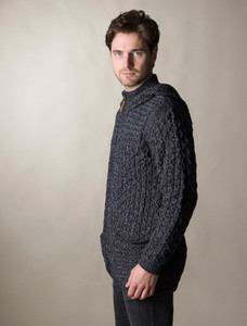 Hooded Merino Aran Jacket - Comorant blue