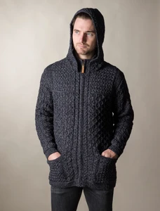 Hooded Merino Aran Jacket - Comorant blue