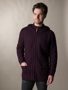 Hooded Merino Aran Jacket -  Damson