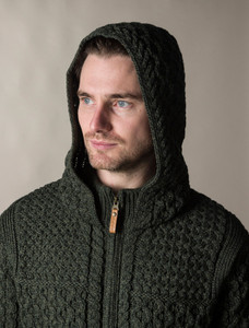 Hooded Merino Aran Jacket - Army Green
