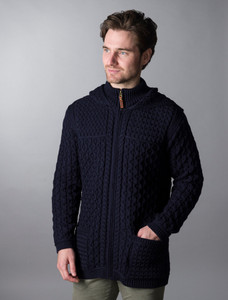 Hooded Merino Aran Jacket - Navy