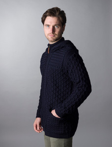 Hooded Merino Aran Jacket - Navy
