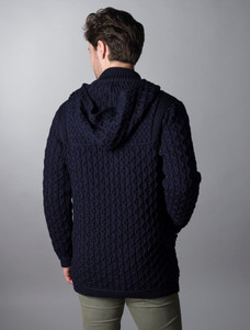Hooded Merino Aran Jacket - Navy